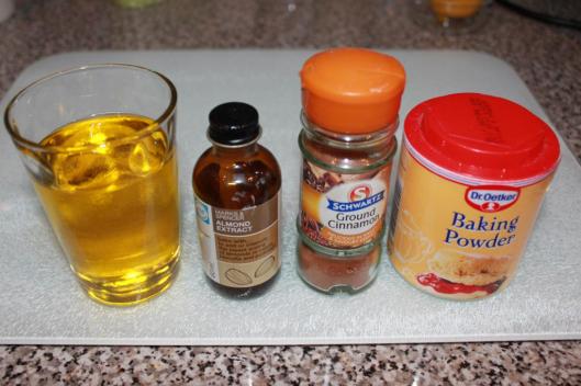 1 glass olive oil, few drops almond essence, 1 teaspoon ground cinnamon, 1 teaspoon baking powder.